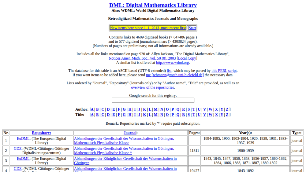 DML: Digital Mathematics Library: Retrodigitized Mathematics Journals and Monographs