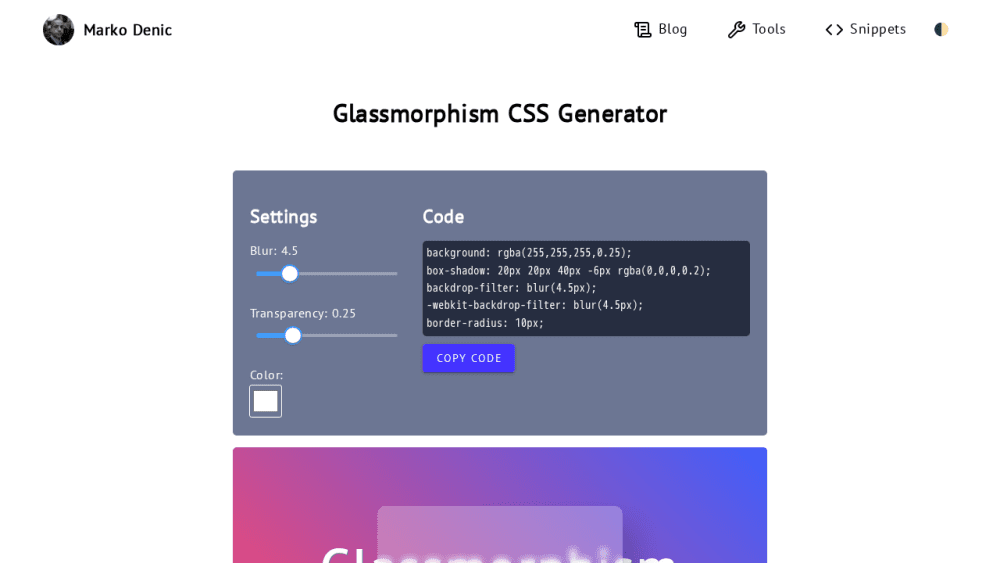 Glassmorphism CSS Generator - Marko Denic - Web Developer