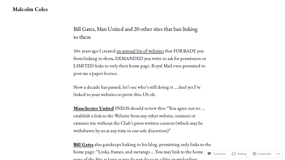 Bill Gates, Man United and 20 other sites that ban linking to them – Malcolm Coles