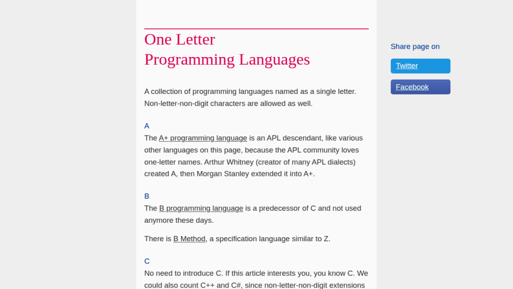 One Letter Programming Languages