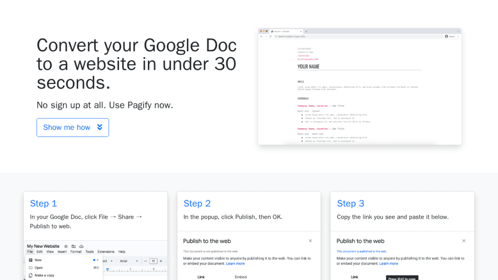 Pagify - Convert your Google Doc to a website in under 30 seconds.