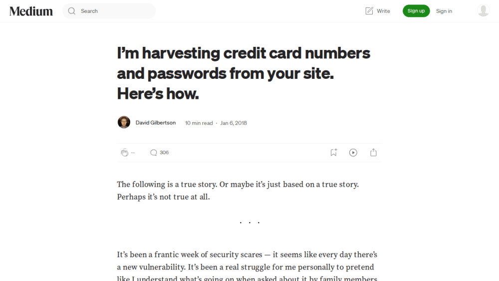 I’m harvesting credit card numbers and passwords from your site. Here’s how.