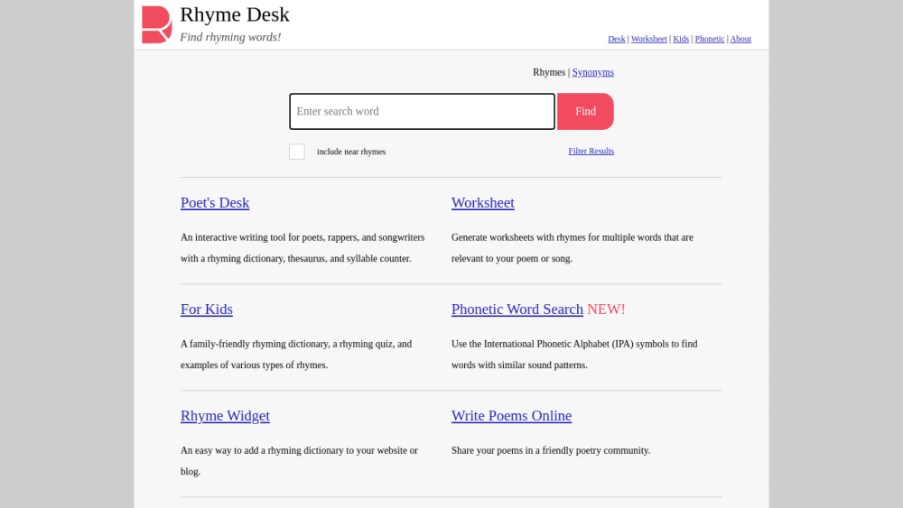 Rhyme Desk - Find Rhyming Words