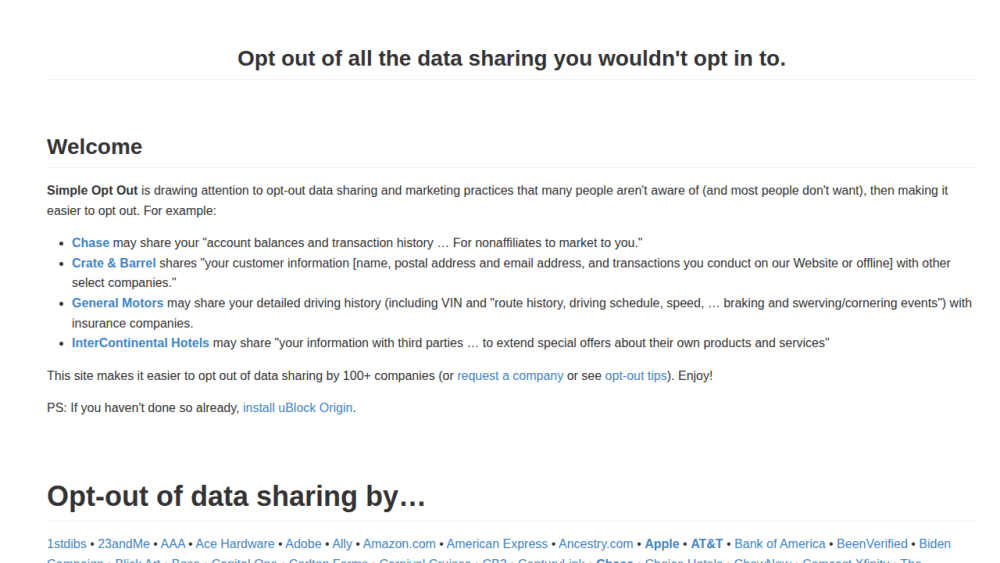 Deep links to opt-out of data sharing by 100+ companies – Simple Opt Out