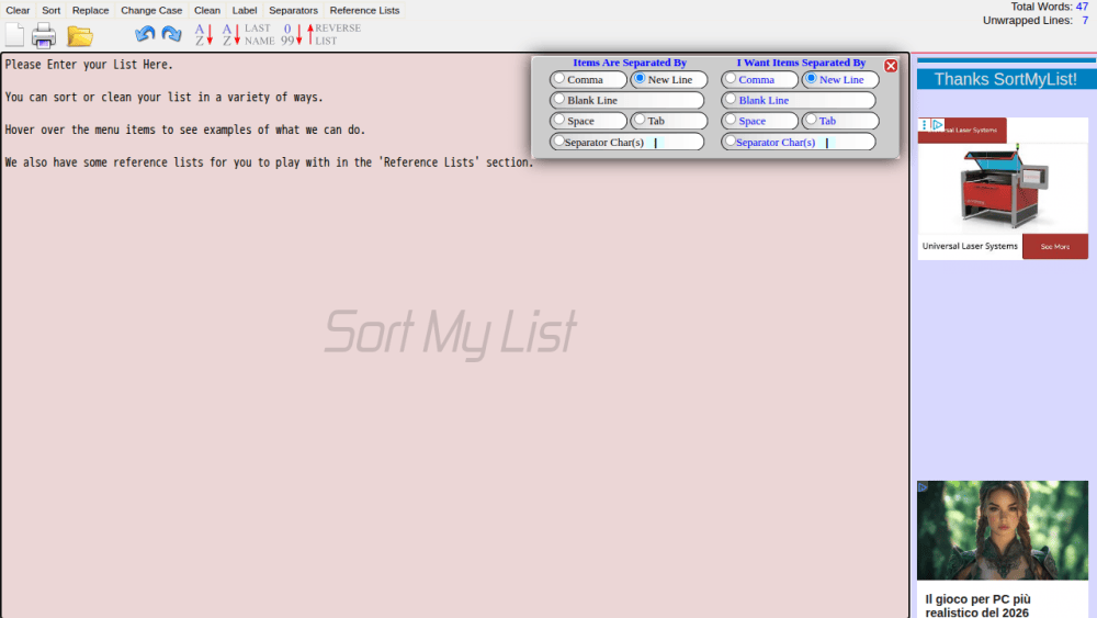 Sort My List - Alphabetize, Remove Line Breaks, Add Labels, Prune Text
