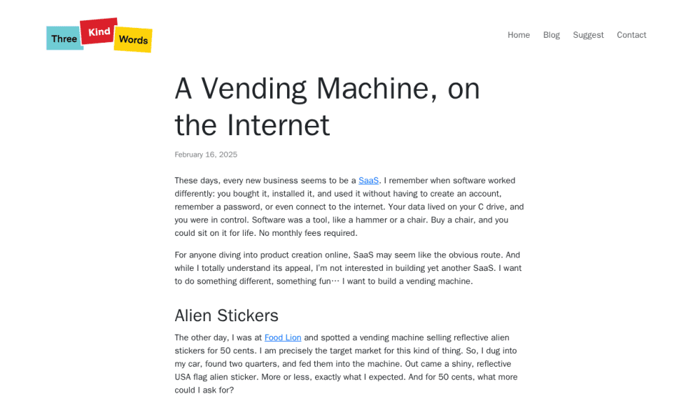A Vending Machine, on the Internet | Three Kind Words