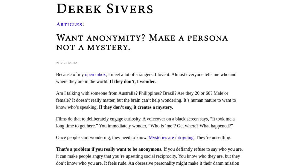 Want anonymity? Make a persona not a mystery. | Derek Sivers